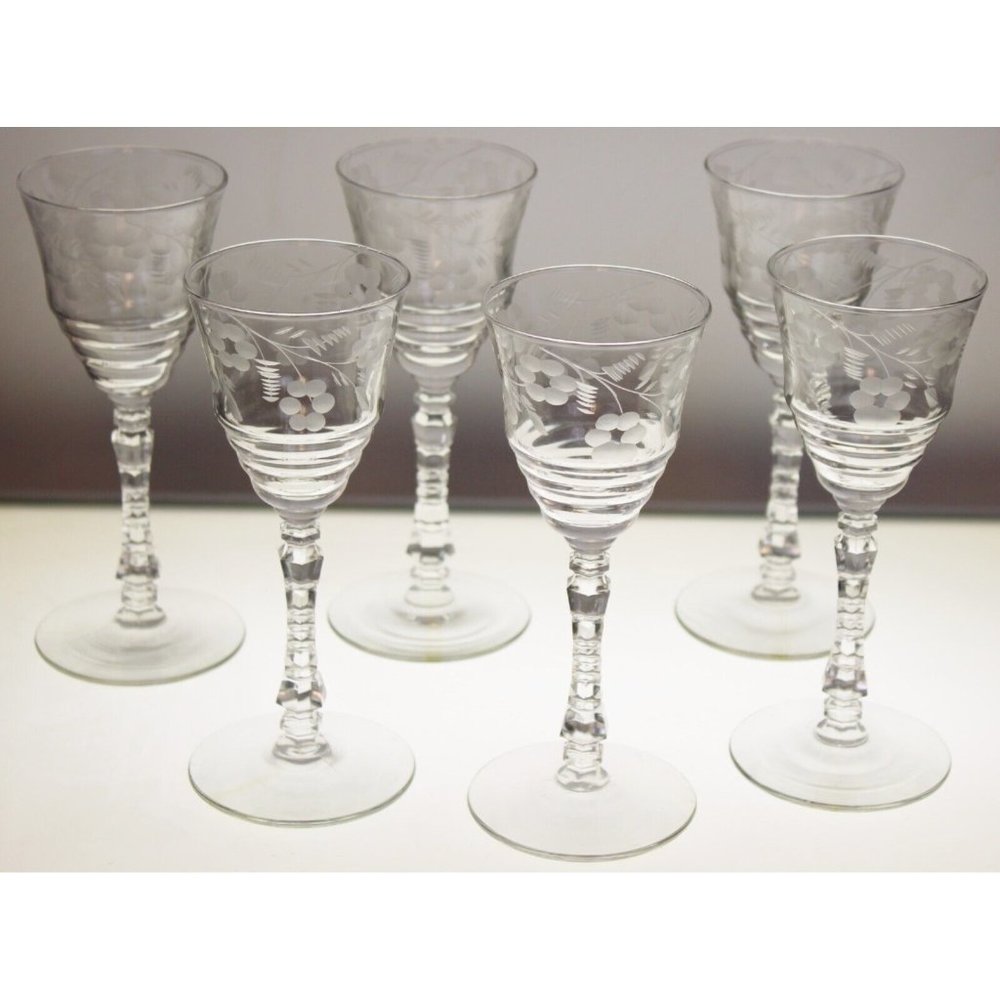 6 Rock Sharpe Halifax Crystal Wine Glass Floral Etched Cut Stem Spring Circa 40s